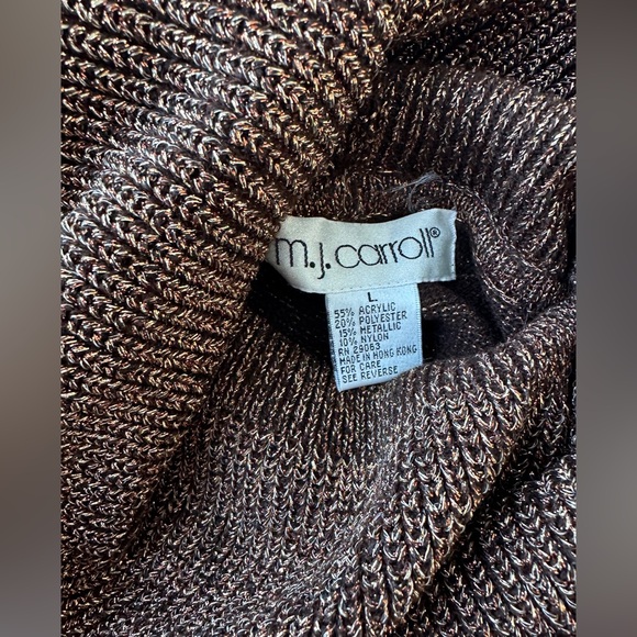 Vintage 80s MJ Carroll Brown Sparkle Metallic Knit Retro Cowl Neck Sweater Large - Picture 2 of 6